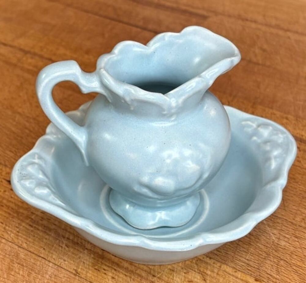 Vintage Camark Mini Pitcher Wash Basin Set Blue USA Pottery 1950s 1960s Cottage